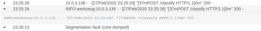 AWS log showing normal operation and then "segmentation fault" with no other information.