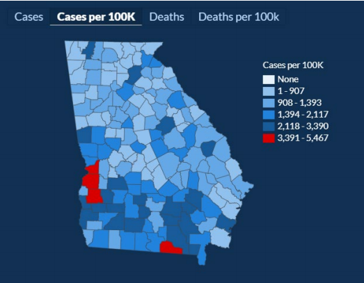 graphic showing the cases of COVID-19 by county in the state of Georgia on 27th July 2020