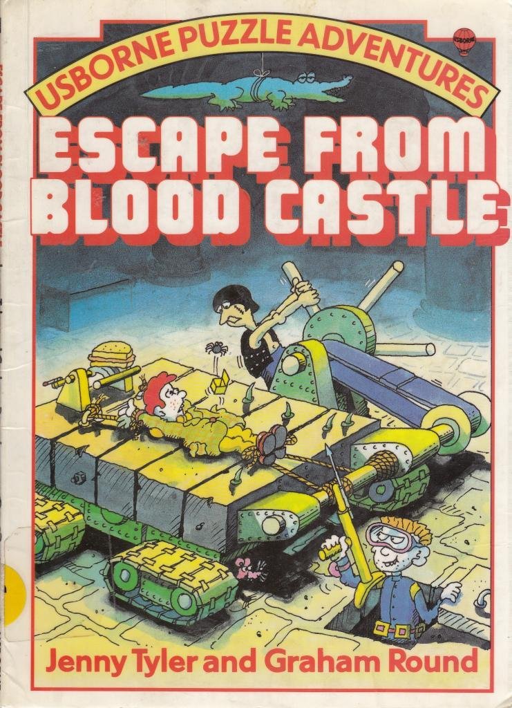 Original 1985 cover of Escape from Blood Castle Puzzle book, showing a red haired boy on a rack.